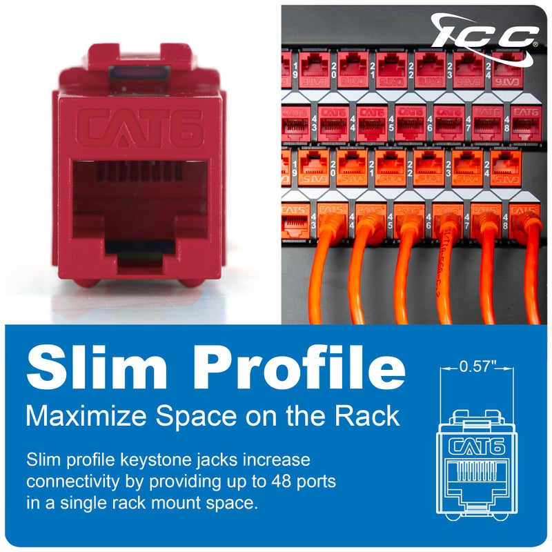 ICC CAT6 Keystone Jack with Slim Profile 180 Degree Punch Down, RJ45 UL Listed PoE++ TAA Compliant for Wall Plate or Patch Panel, Works with JackEasy Termination Tool, Red 25 Pack - Image 3